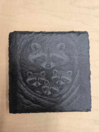 Raccoons in tree slate coaster