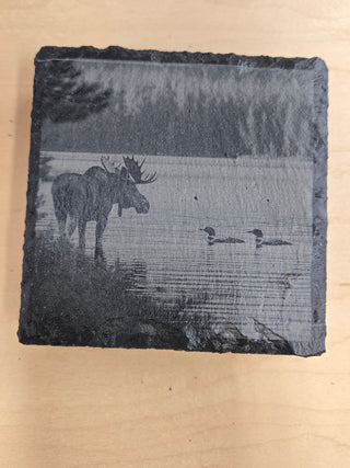 Moose with loons slate coaster