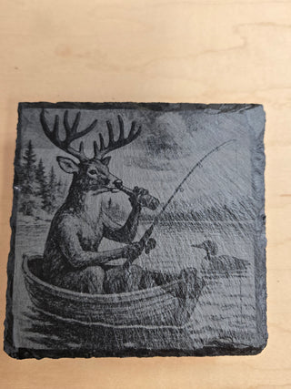 Deer fishing slate coaster
