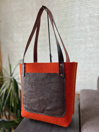 Orange Felt Tote With Embossed Leather Tote