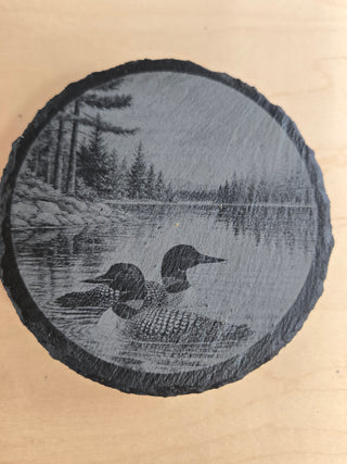 2 loons round slate coaster