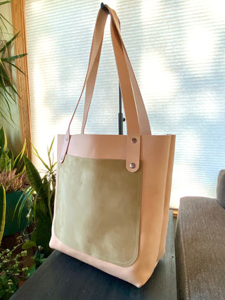 Medium Leather Tote Natural Veg Tan and Green Suede