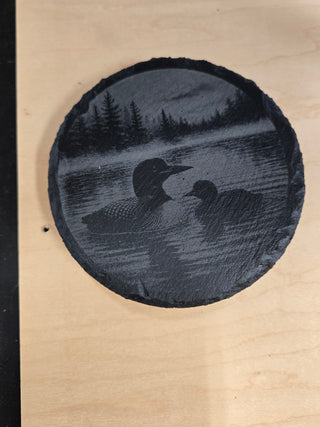 Loon and baby round slate coaster