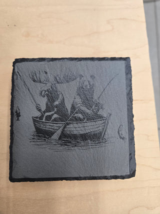 Moose and bear fishing slate coaster